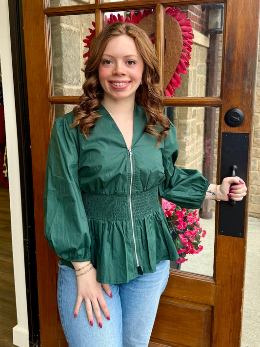 Green Smocked Waist Front Zip Top
