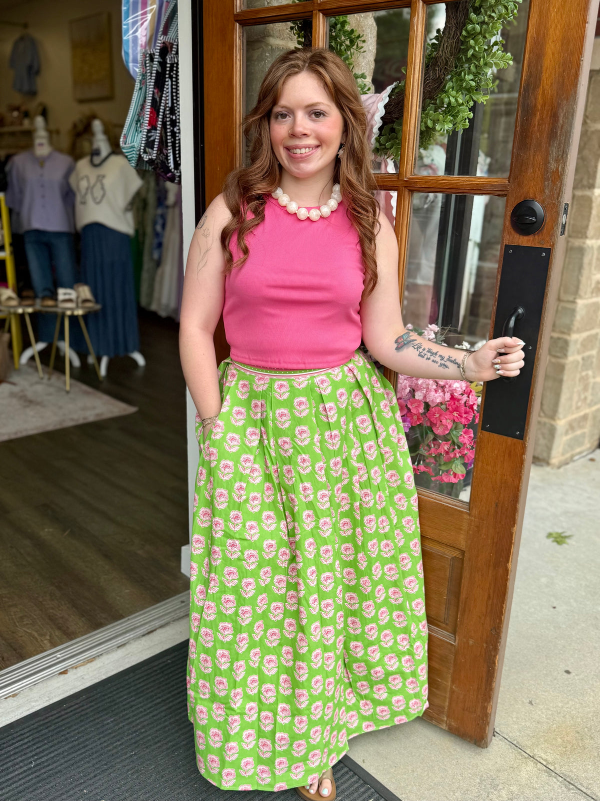 Green Floral Print Midi Skirt