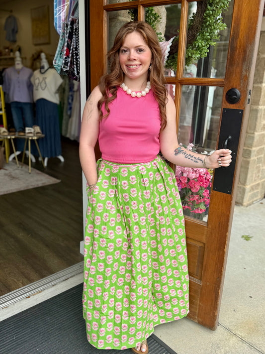Green Floral Print Midi Skirt
