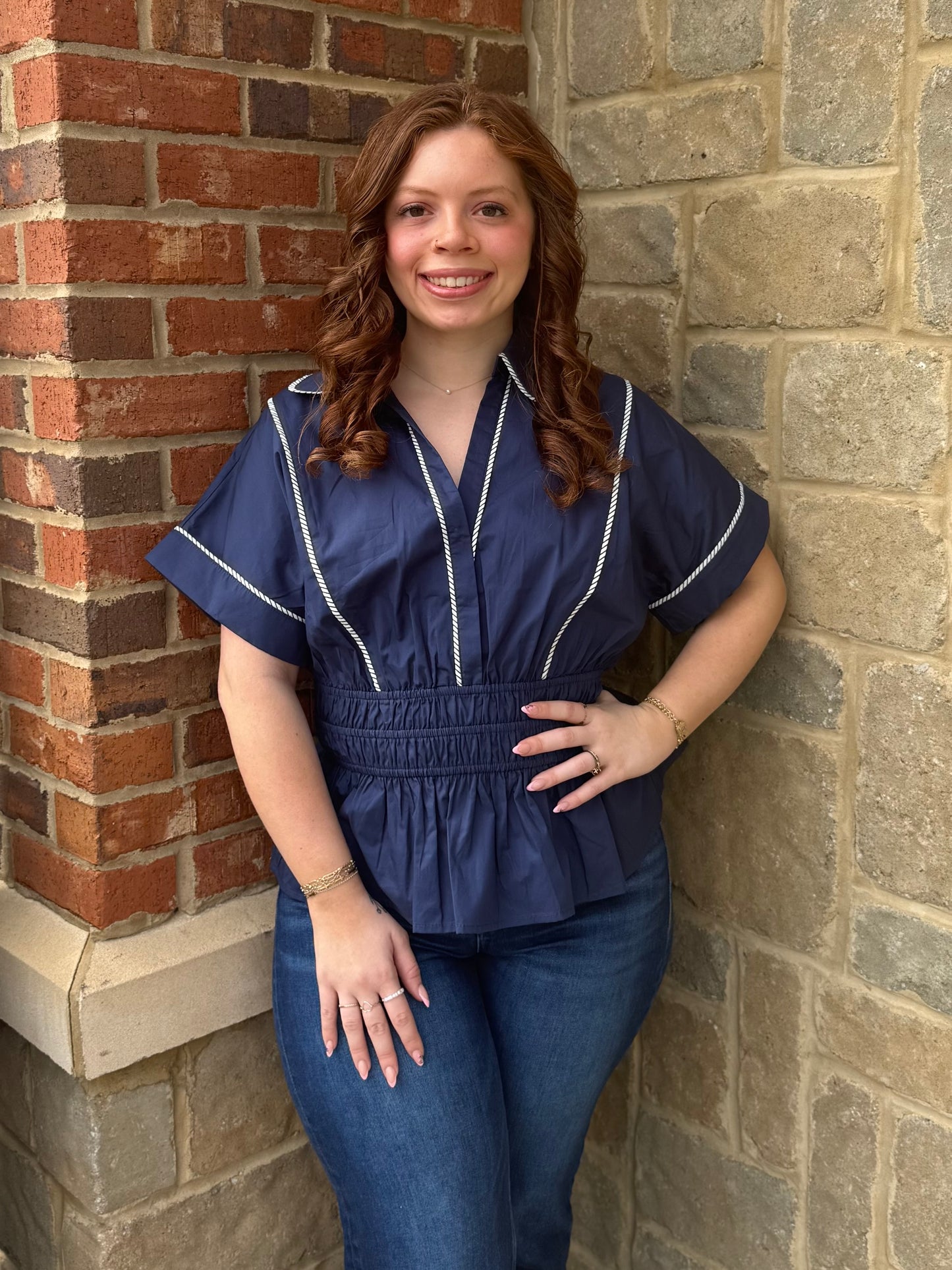 Navy Contrast Smocked Top