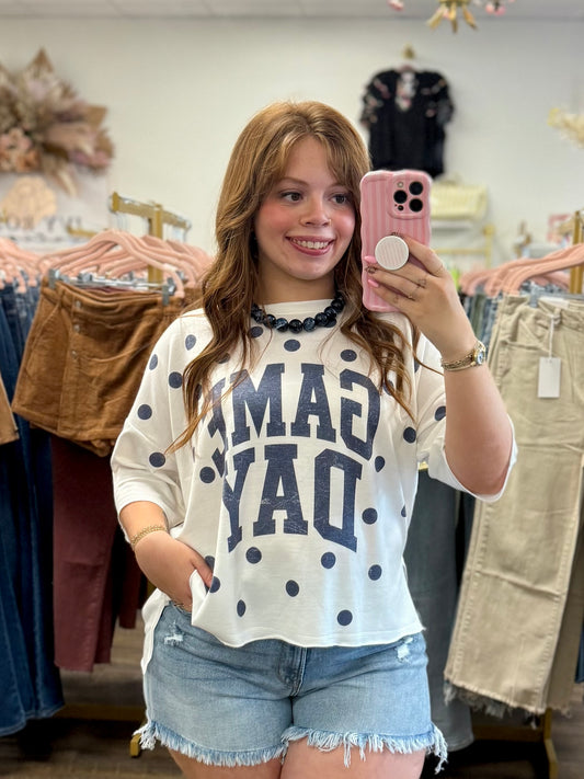 Navy Game Day Polka Dot Top