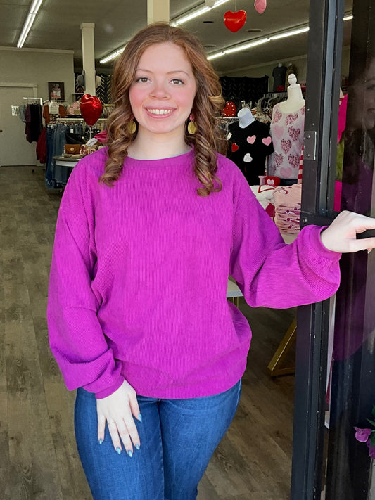 Fuchsia Ribbed Corduroy Oversized Sweatshirt (S-3X)