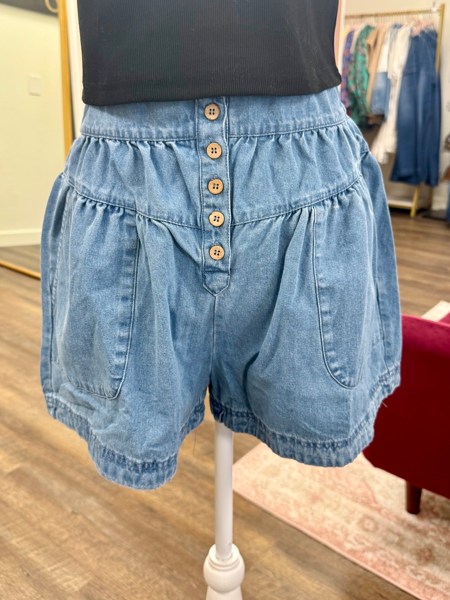 Indigo Mineral Washed Chambray Button Down Shorts