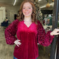 Red Velvet Sequin Sleeve Button Up Top