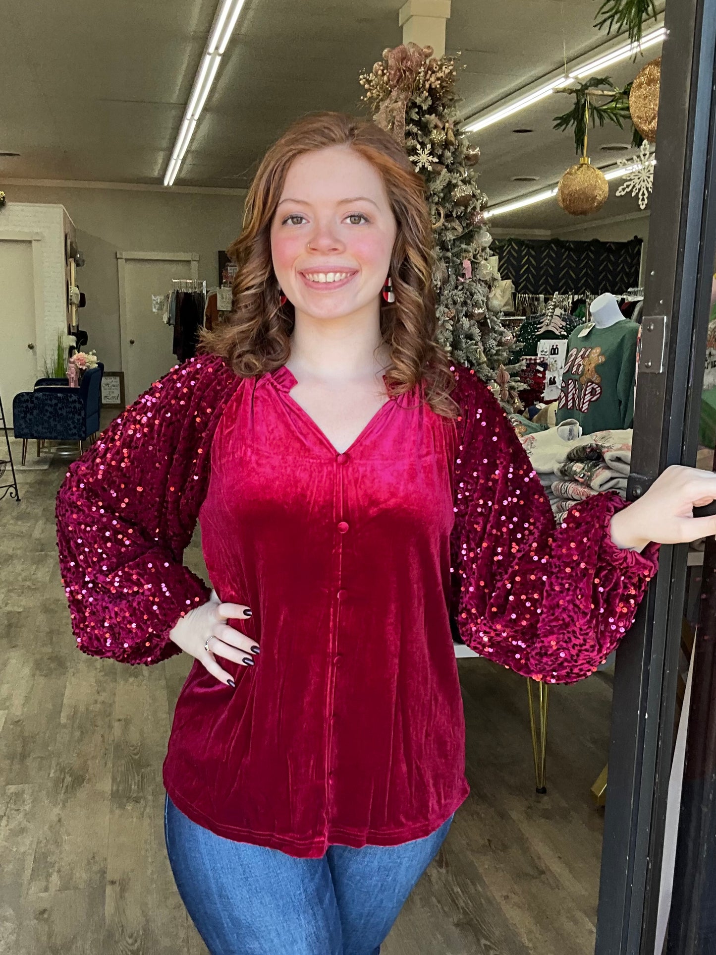 Red Velvet Sequin Sleeve Button Up Top