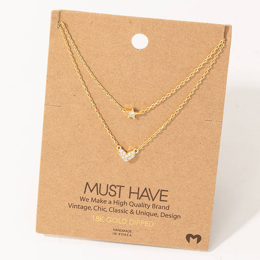 Layered Chain Pave Heart Star Necklace: G