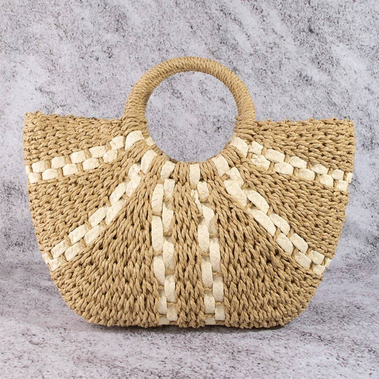 Khaki Striped Straw Weave Round Rope Handle Tote Bag