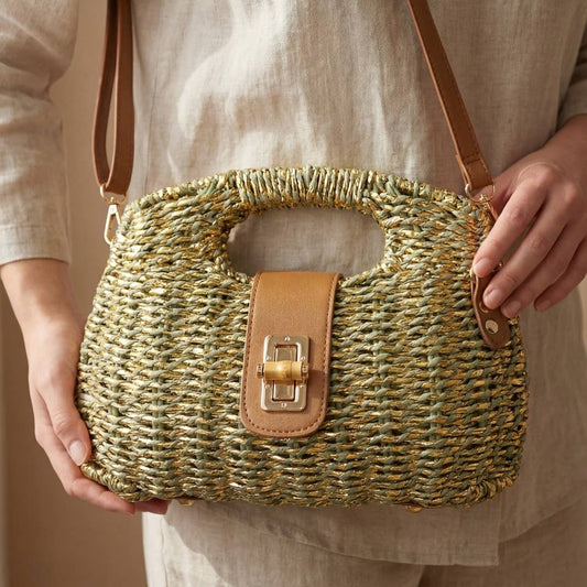 Green Two Tone Straw Woven Handbag