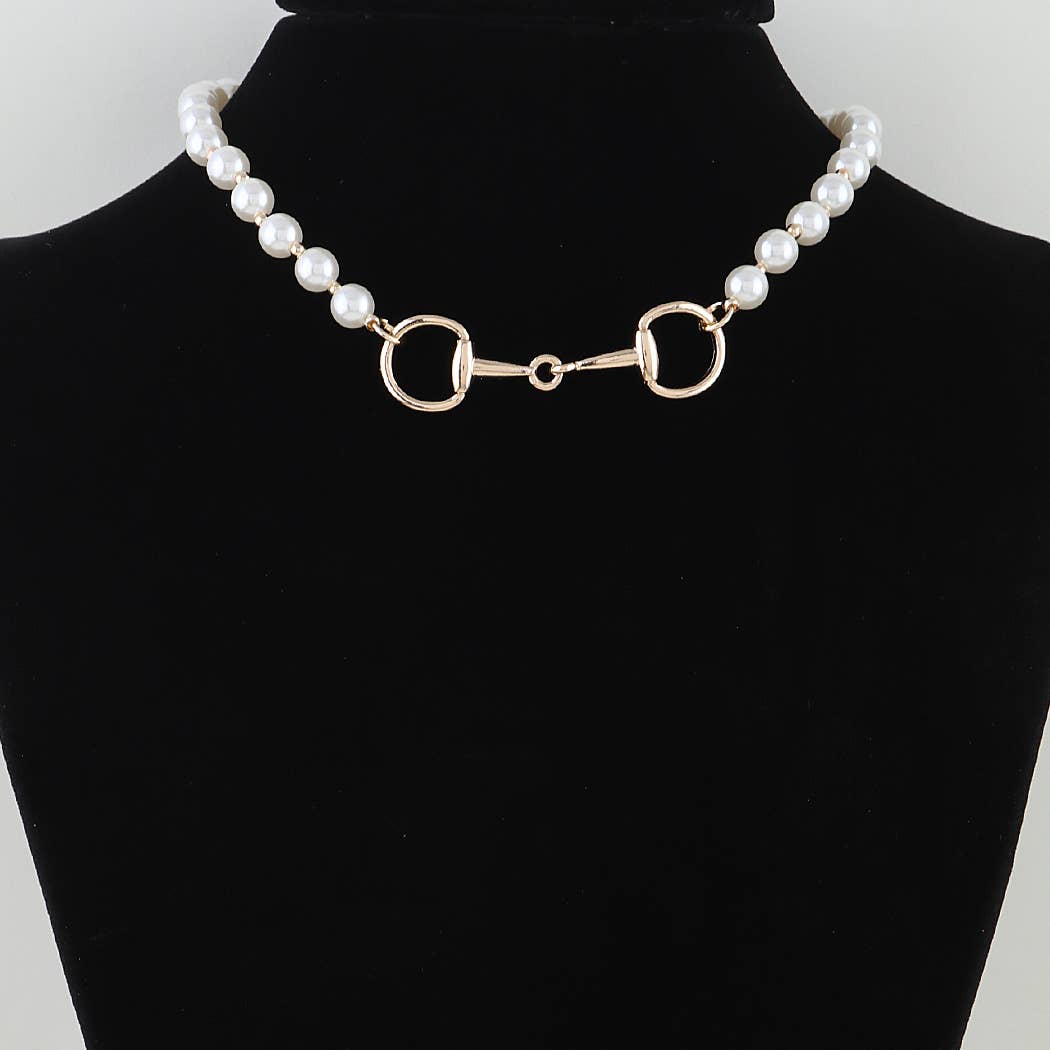 Gold Polished Horseshoe Pearl Beaded Necklace