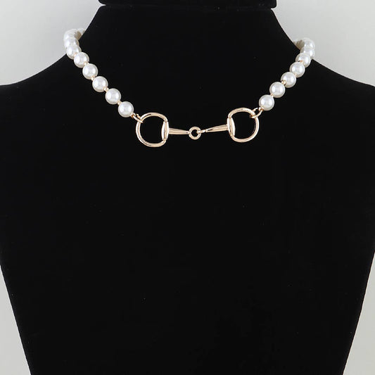 Gold Polished Horseshoe Pearl Beaded Necklace