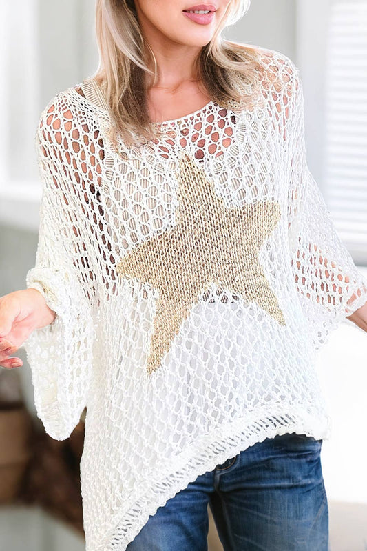 White Star Graphic Crochet Knit Loose Sweater Top