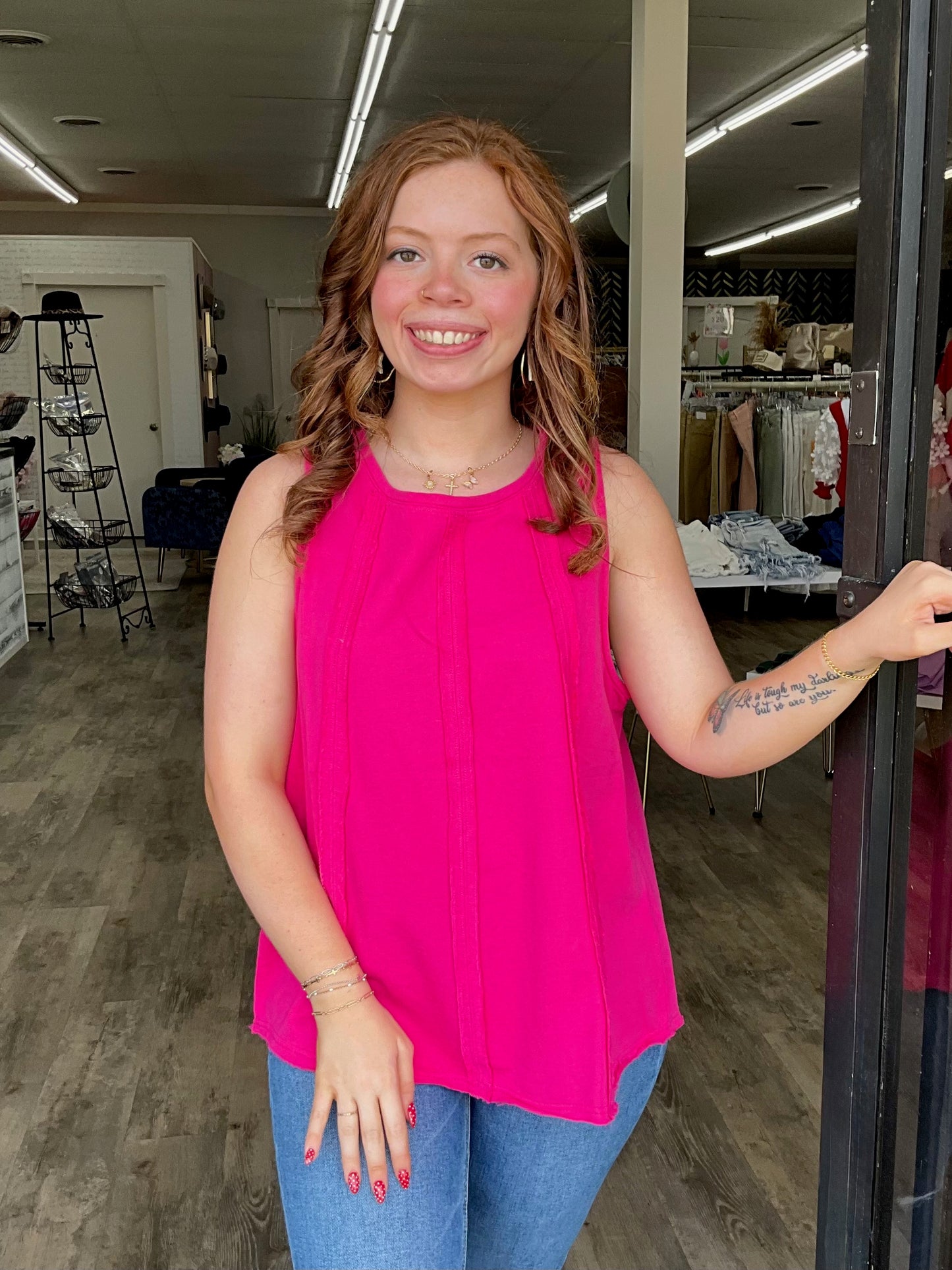 Hot Pink Reverse Fray Sleeveless Top