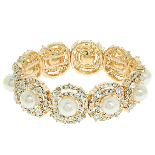 Metallic Rhinestone Pave Pearl Stretch Bracelet : Gold