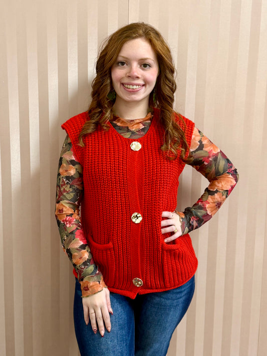 Red Knit Button Sweater Vest
