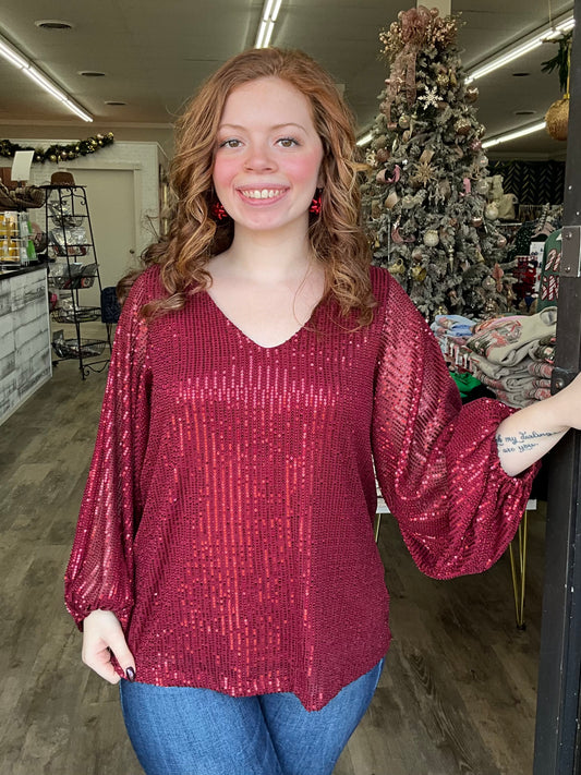 V-Neck Balloon Sleeve Sequin Top / Burgundy