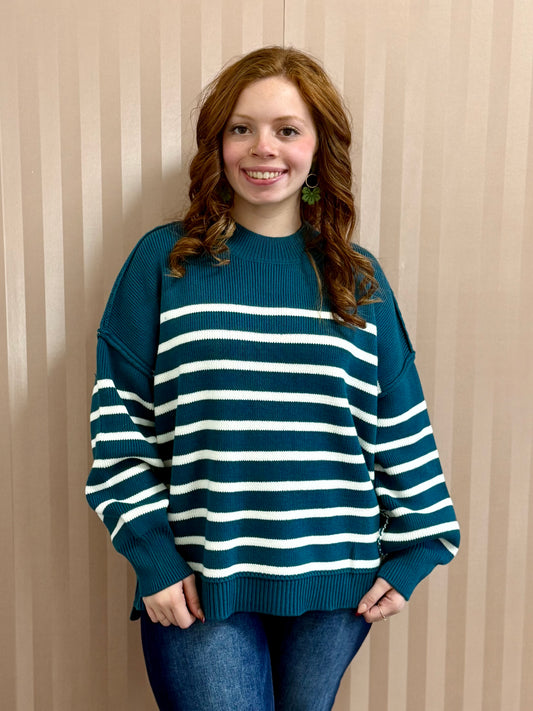 Teal Exposed Seam Striped Oversized Sweater