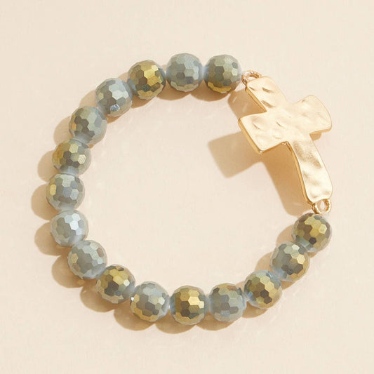 Grey Cross Charm Glass Beaded Stretch Bracelet