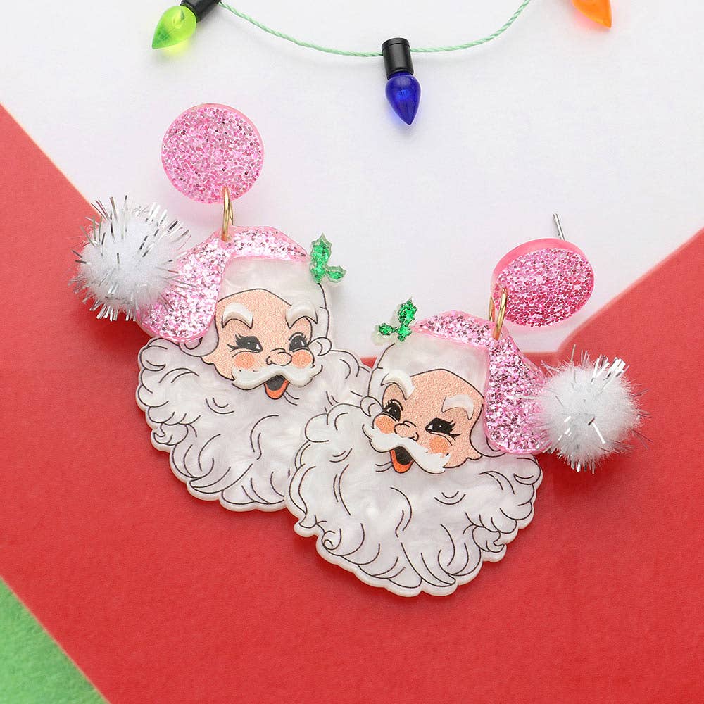 Pink Glitter Resin Pom Santa Earrings