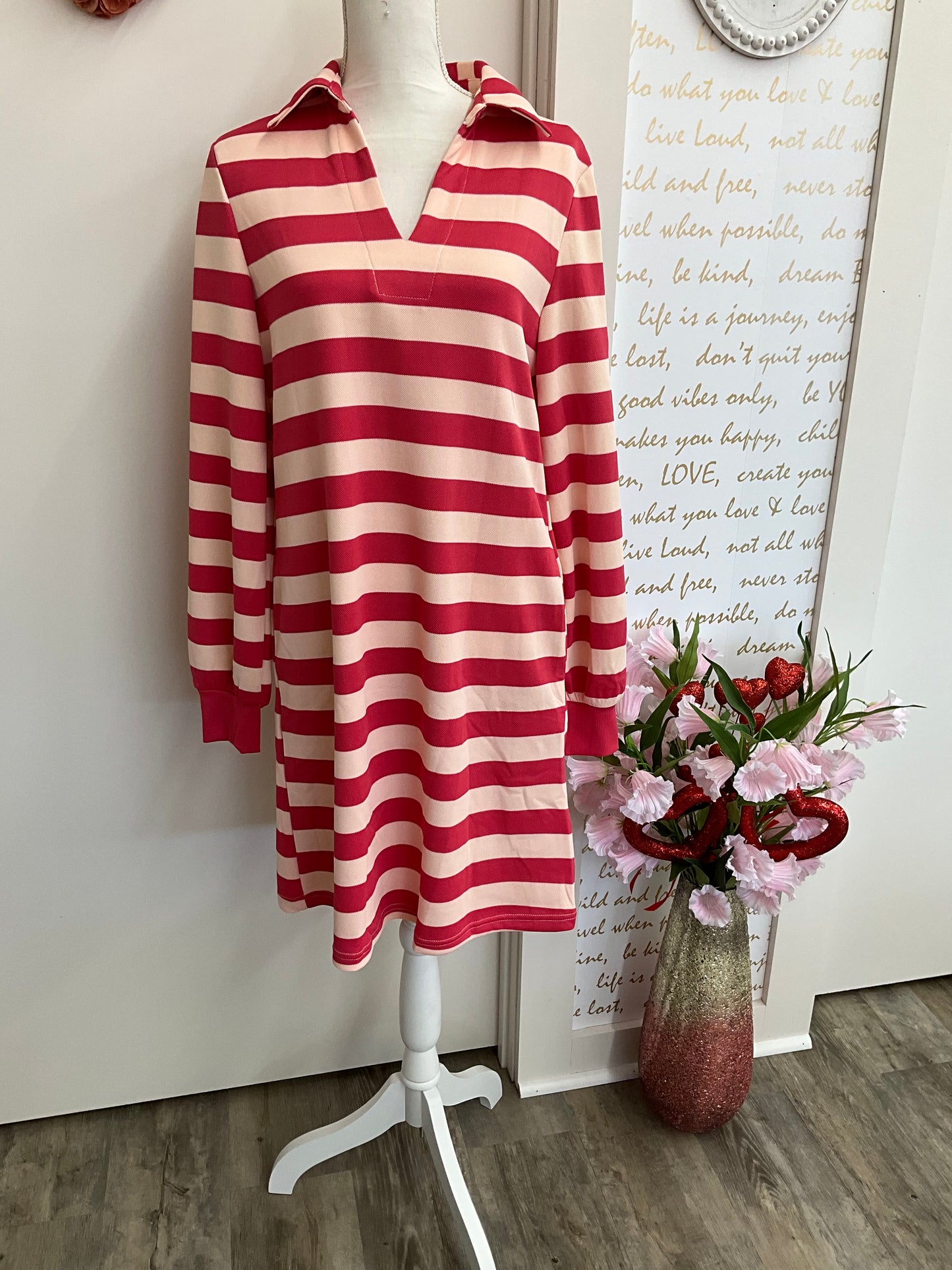 Pink Stripe Collared Long Sleeve Dress