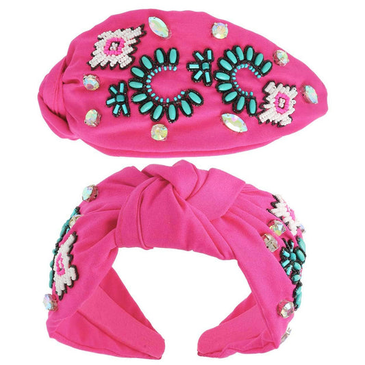 Pink Western Turquoise Top Knotted Beaded Headband