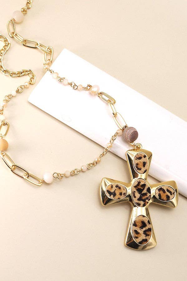 Gold Leopard Cross Long Beaded Necklace