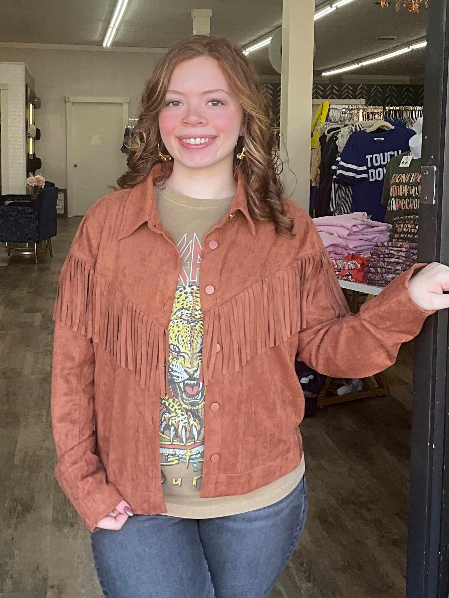 Caramel Faux Suede Fringe Detailed Button Down Front Jacket