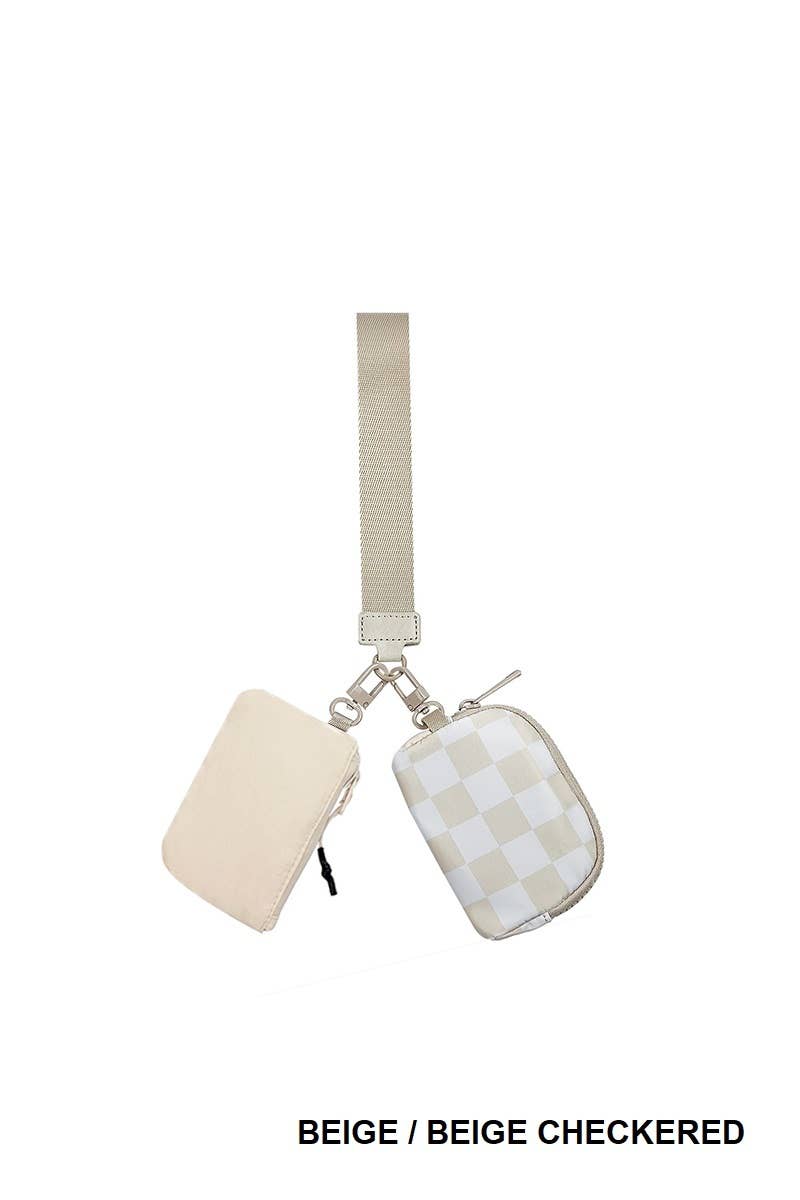 Beige Checkered Dual Pouch Wristlet Keychain Wallet