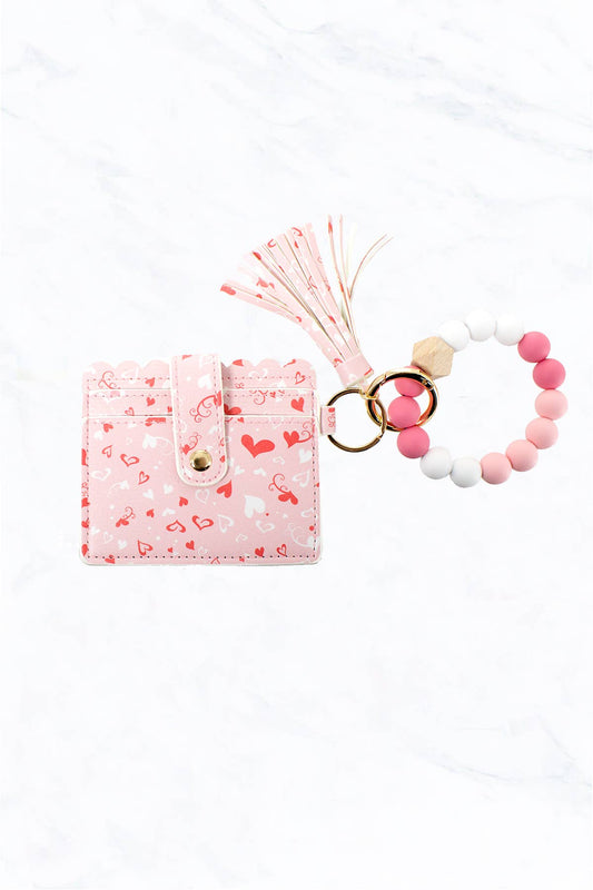 Pink Heart Silicone Bead Bracelet with Card Holder Keychain