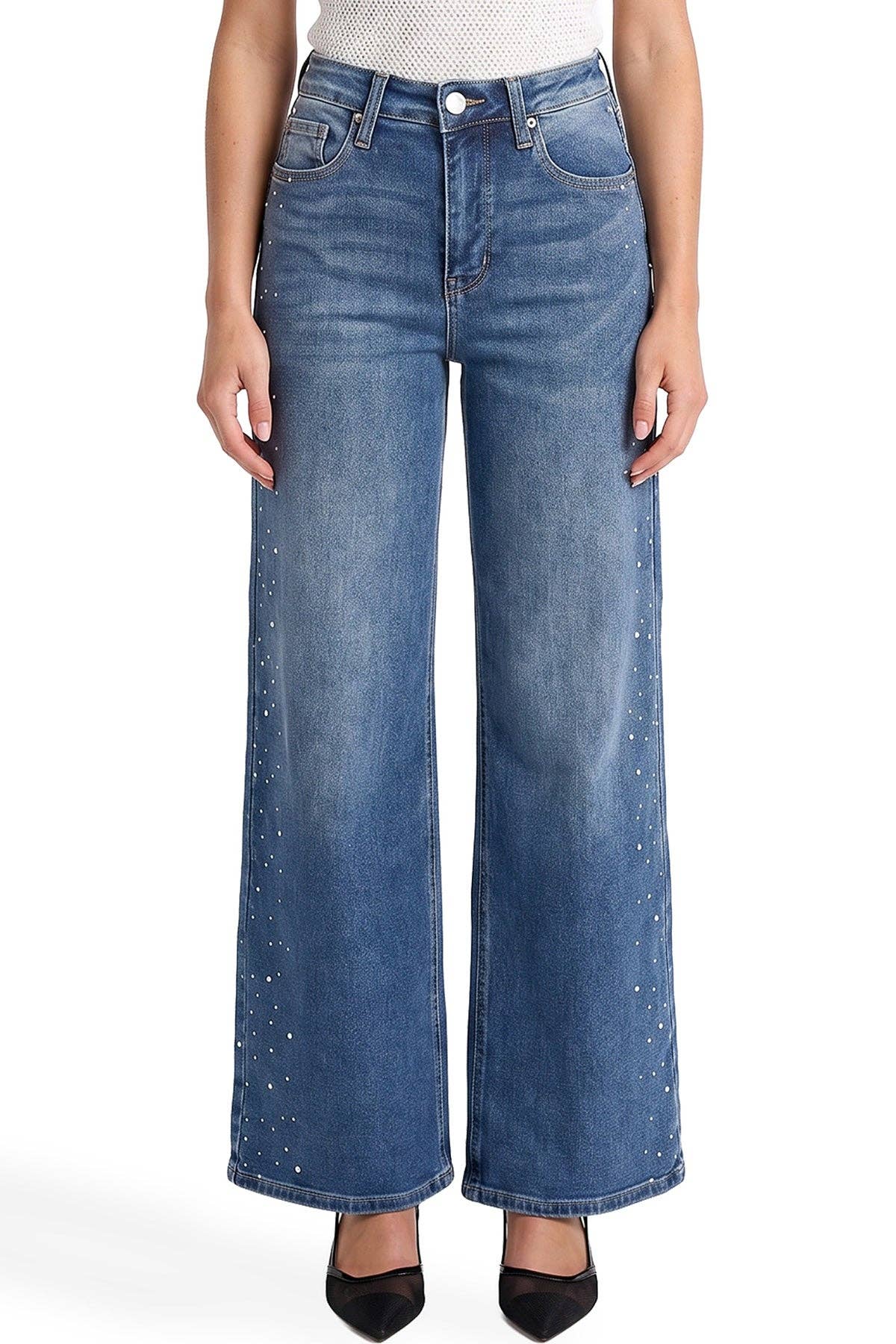 High Rise Wide Leg Jeans w/ Rhinestones