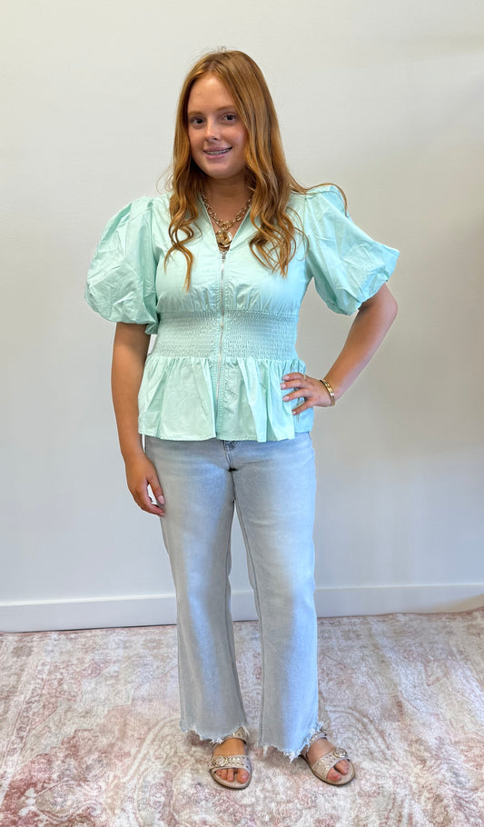 Mint Smocked Zipper Top