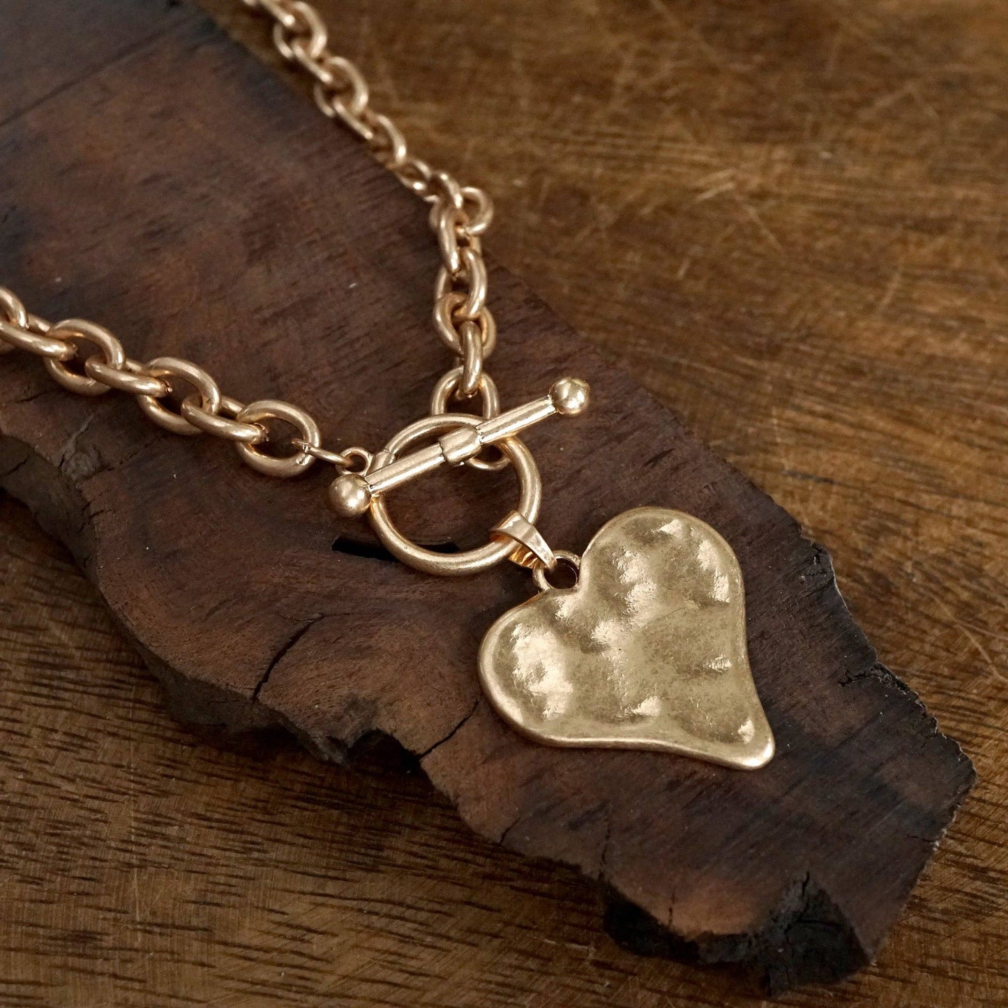 Gold Hammered Heart Toggle Necklace