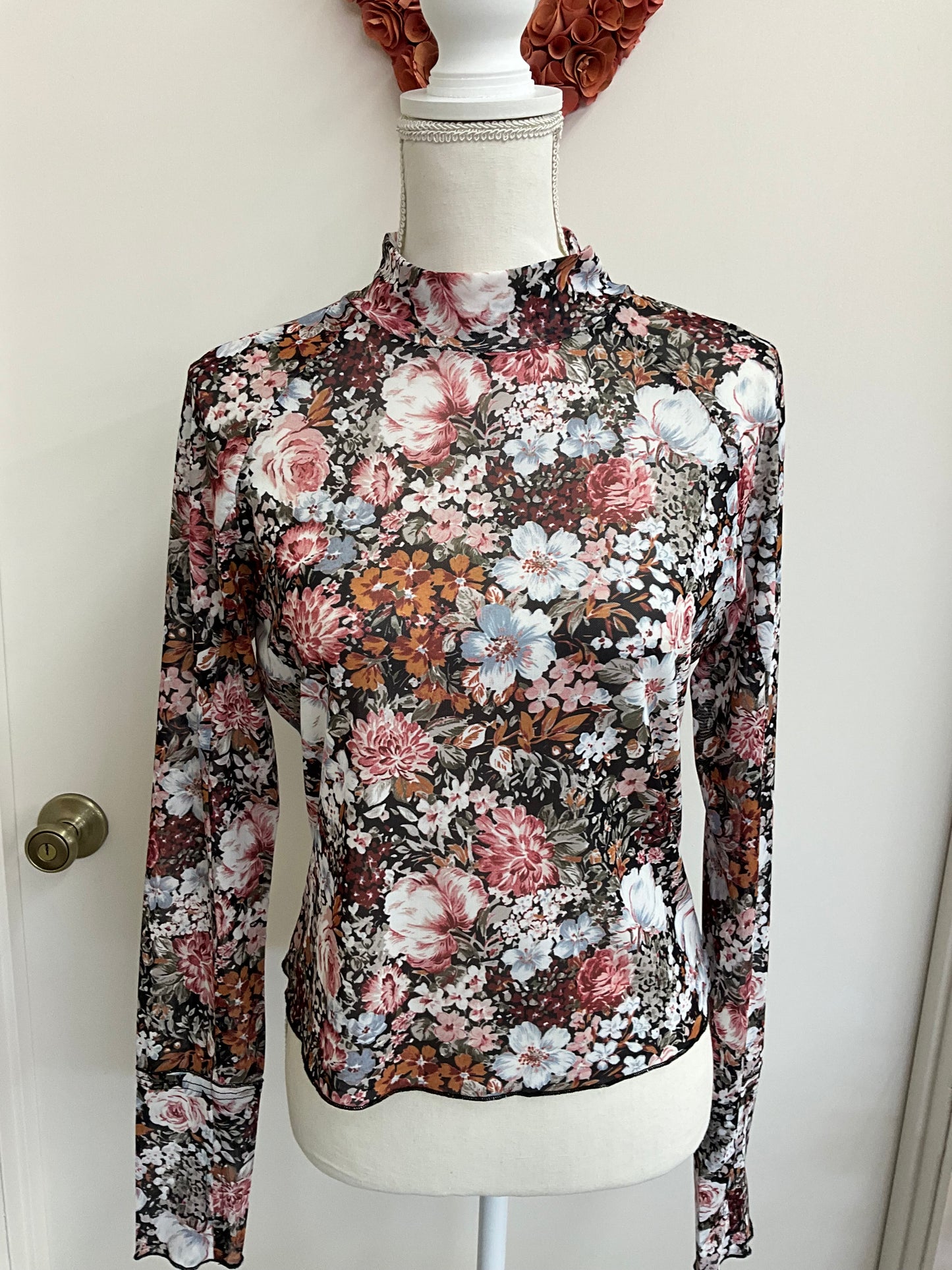 Black Floral Mesh Long Sleeve High Neck Top