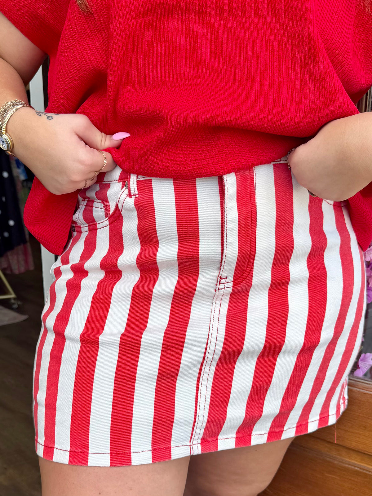 Red Striped Denim Skirt