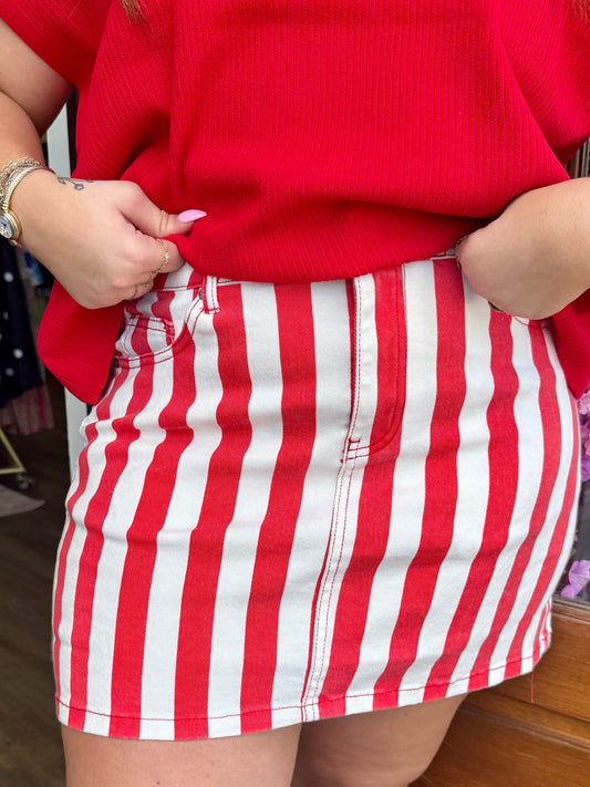 Red Striped Denim Skirt