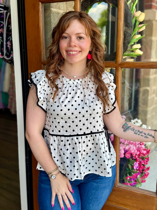 White Polka Dot Ruffle Top