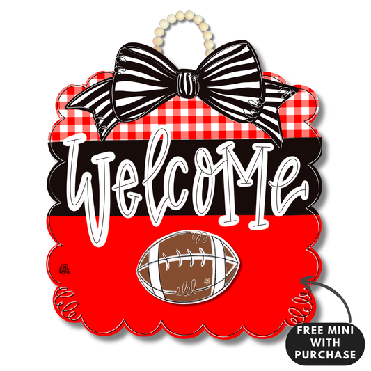 Red & Black Football Scallop Door Hanger w/ Mini