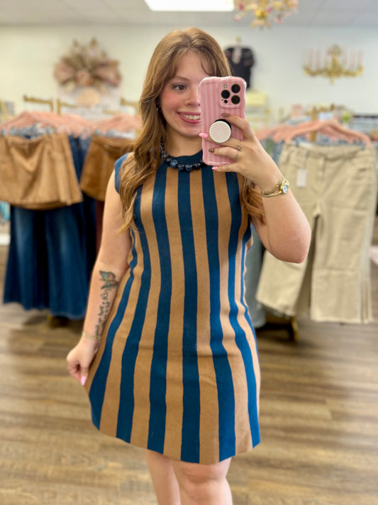 Navy & Mocha Sleeveless Striped Sweater Mini Dress