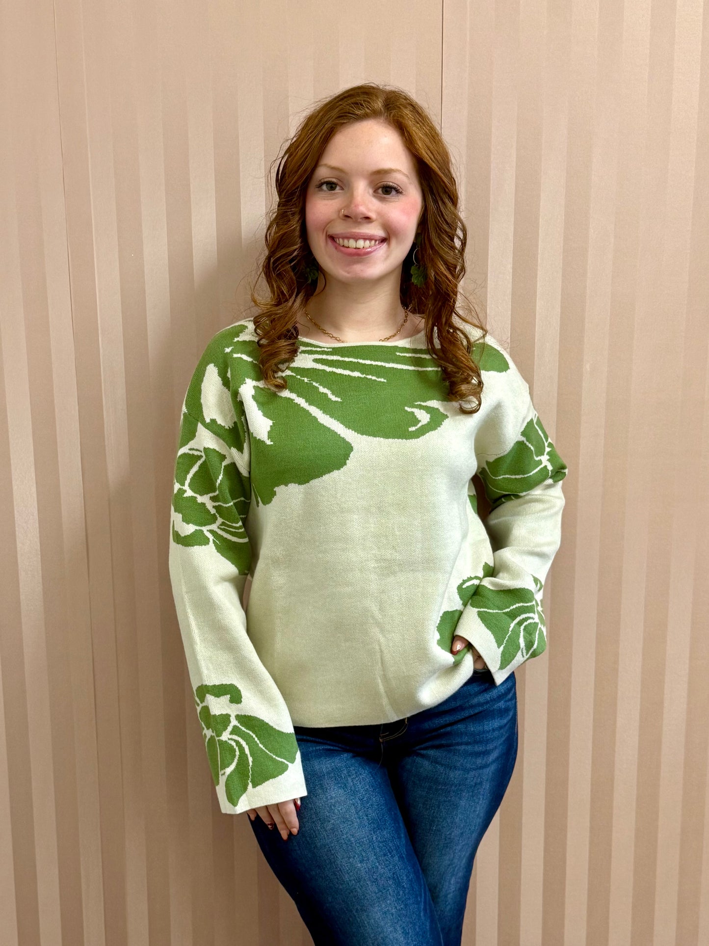 Green Flower Pattern Sweater
