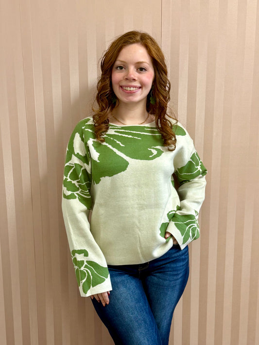 Green Flower Pattern Sweater
