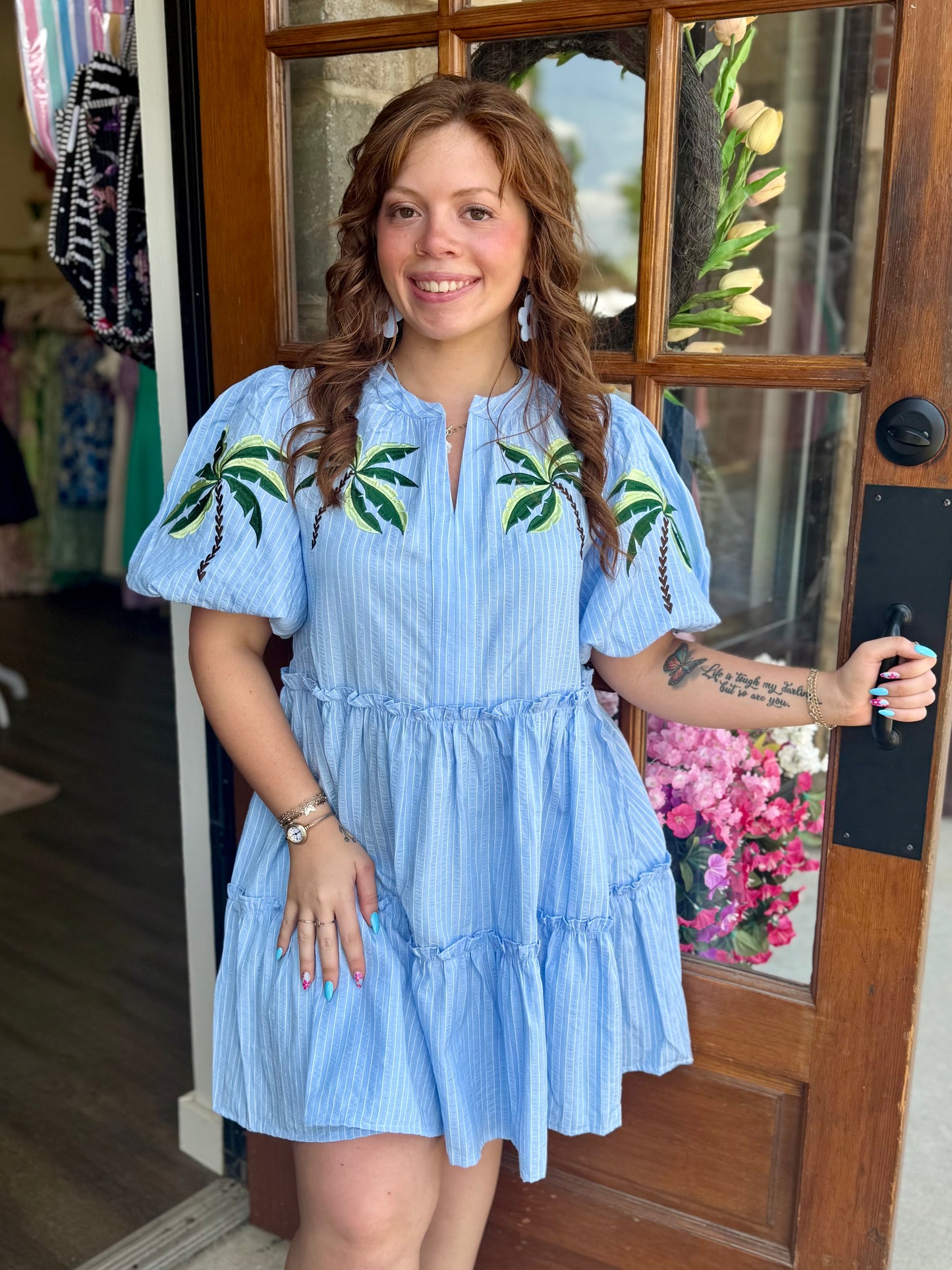 Tropical Embroidered Tiered Mini Dress
