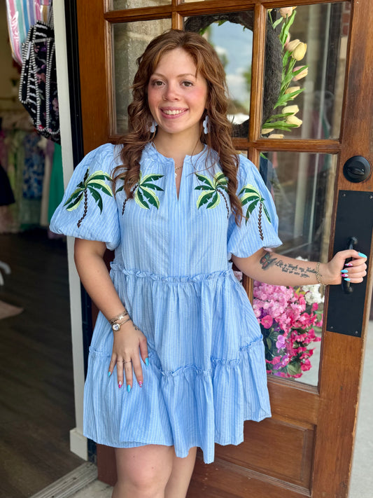 Tropical Embroidered Tiered Mini Dress