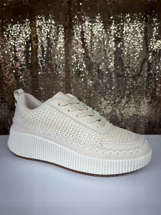 Neutral Blanket Stitched Platform Mesh Sneakers