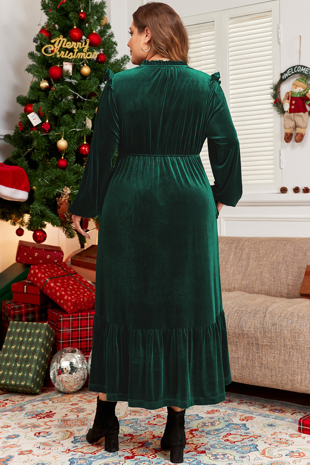 Plus Green Velvet Frill Neck Dress