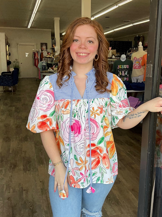 Multi Color Floral Puff Sleeve Top