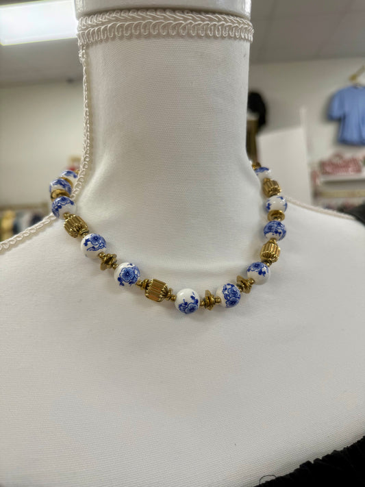 Hart Designs Blue Floral & Gold Bead Necklace