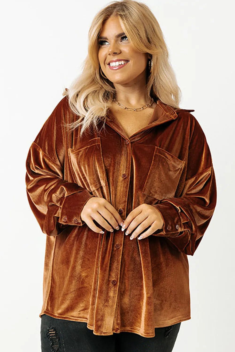 Plus Chestnut Velvet Button Up Top