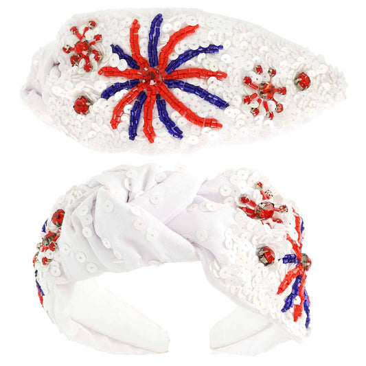 White Patriotic Fireworks Sequin Top Knotted Headband