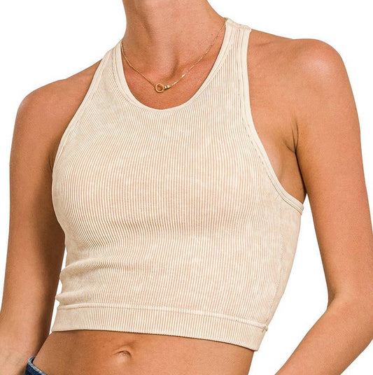 Sand Beige Washed Ribbed Cropped Tank Top