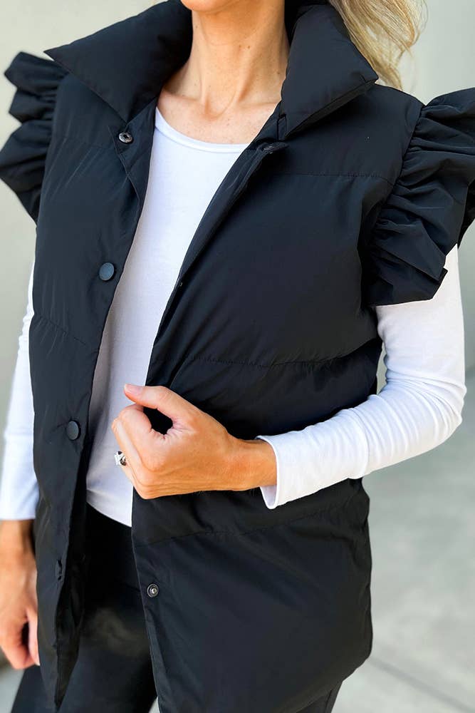 Plain Flutter Sleeves Puff Buttoned Vest Jacket / Black