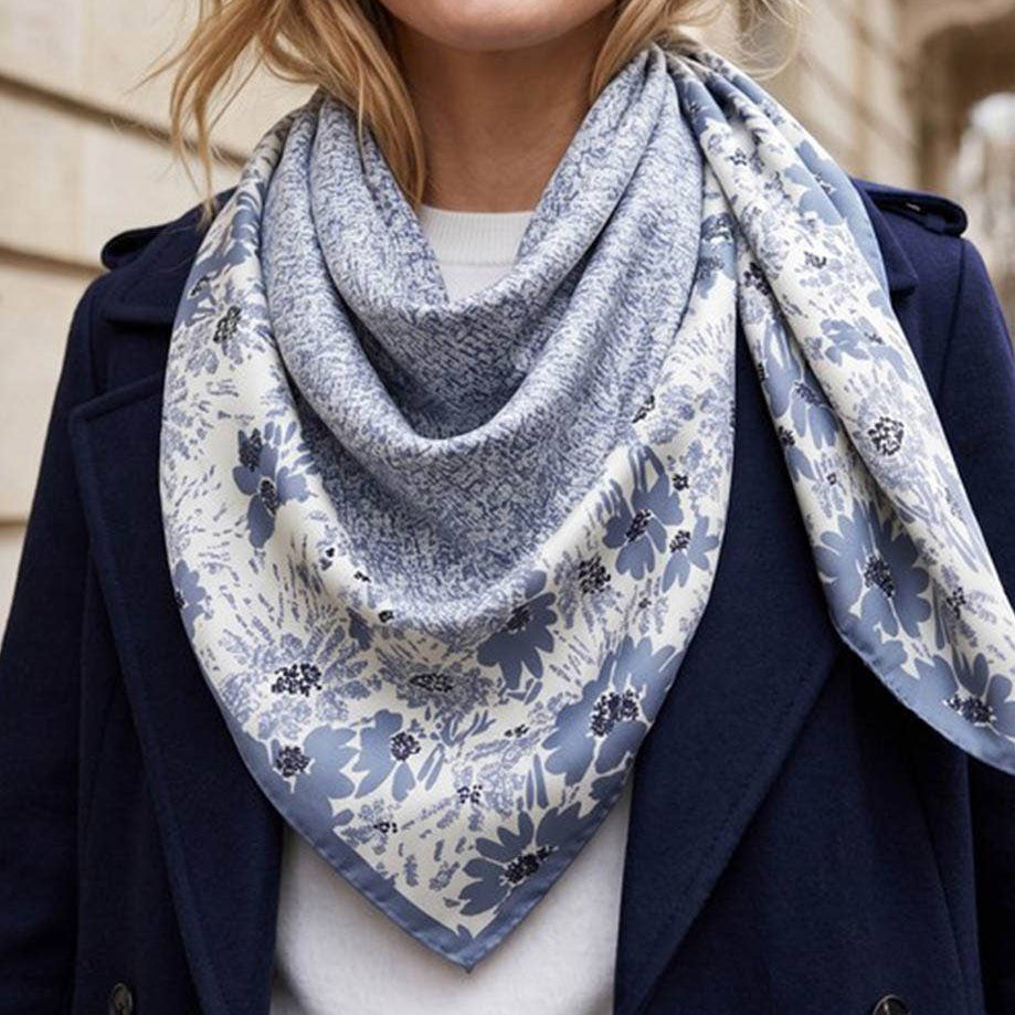 Grey Vintage Floral Silky Square Scarf